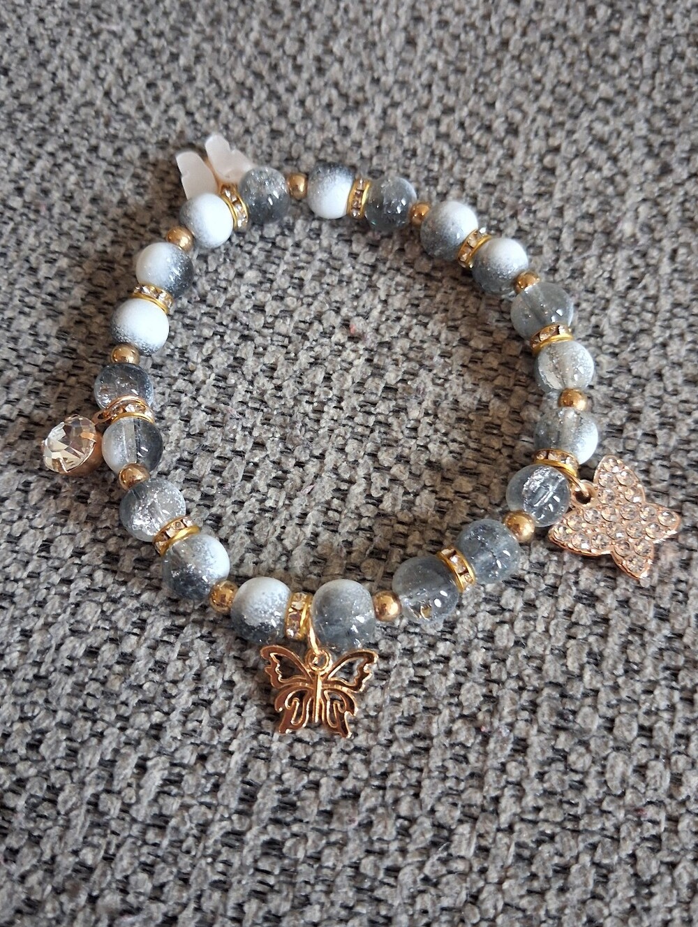 Gray and Gold Beaded Bracelet with Butterfly & Rhinestone Charms